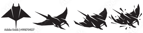 Sequence of stylized black manta rays in motion, from static to dynamic splash effect.