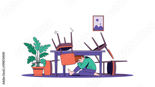 Young boy taking safety cover under sturdy table during earthquake disaster with furniture and plants shaking around him.