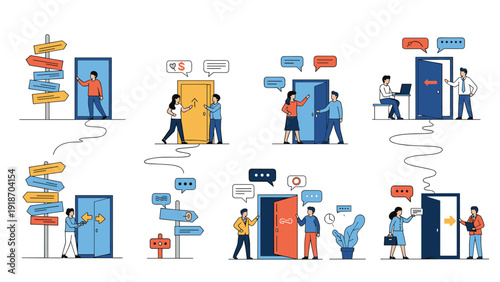 Concept of career opportunities and choices with people interacting with multiple open doors leading to different paths.