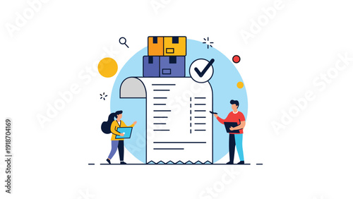Warehouse staff checking inventory and order fulfillment on giant checklist with stacked boxes for shipping and logistics.