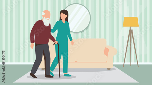 Caregiver assisting elderly man with walking cane at home.