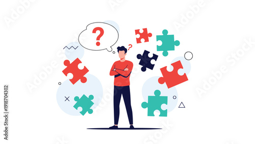 Man trying to solve complex mystery and assemble puzzle pieces to find complete business solution and understanding.