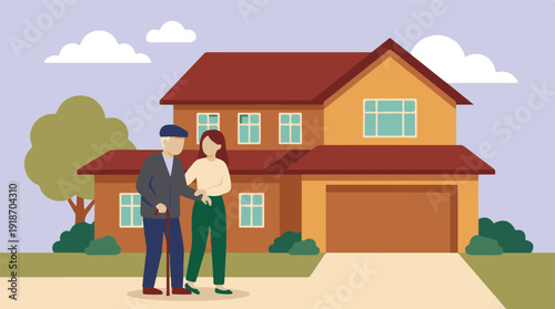 Young Woman Assisting Elderly Man with Walking Stick Outside House