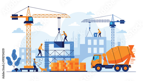 Busy construction site with multiple tall cranes, heavy machinery, and engineers building large modern urban development project.