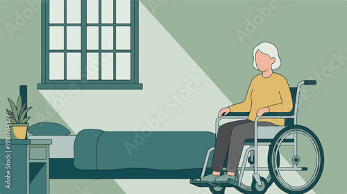 A senior woman sits in a wheelchair in a bedroom with a bed and window.