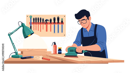 Skilled carpenter sanding wooden plank with power sander tool at organized workbench in home woodworking shop.