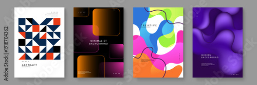 Collection of four diverse modern poster backgrounds featuring geometric shapes fluid organic forms and vibrant gradients for creative branding projects