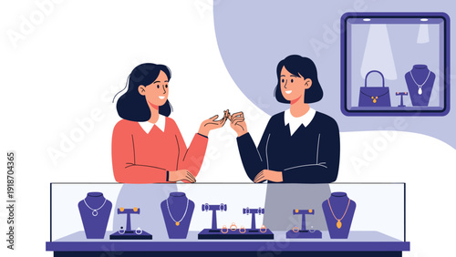 Customer browsing luxury necklaces and rings in jewelry store display case with helpful sales assistant in boutique.
