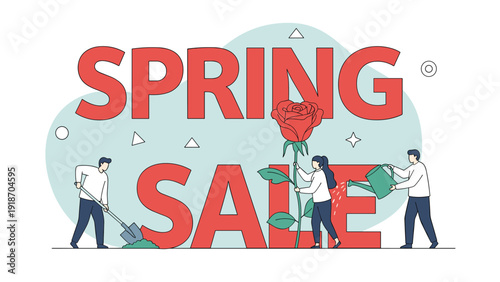 People gardening around a giant spring sale sign with a large red rose to promote seasonal discounts and shopping opportunities in a garden.