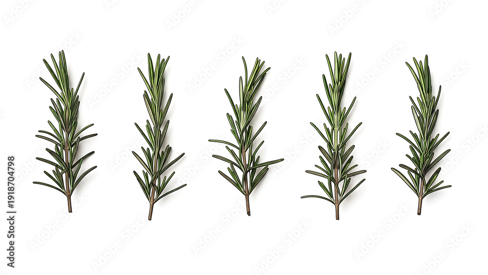 Obraz premium Five sprigs of fresh green rosemary on white background