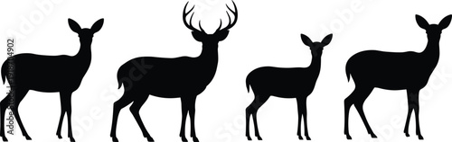 Wild deer family silhouette on white background, black buck with antlers and does isolated, nature forest animals for hunting projects,