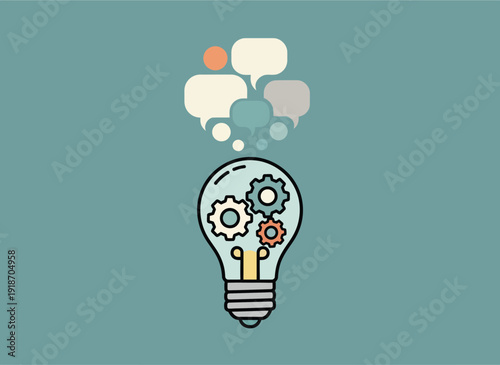 Creative lightbulb with gears and speech bubbles representing ideas and innovation.