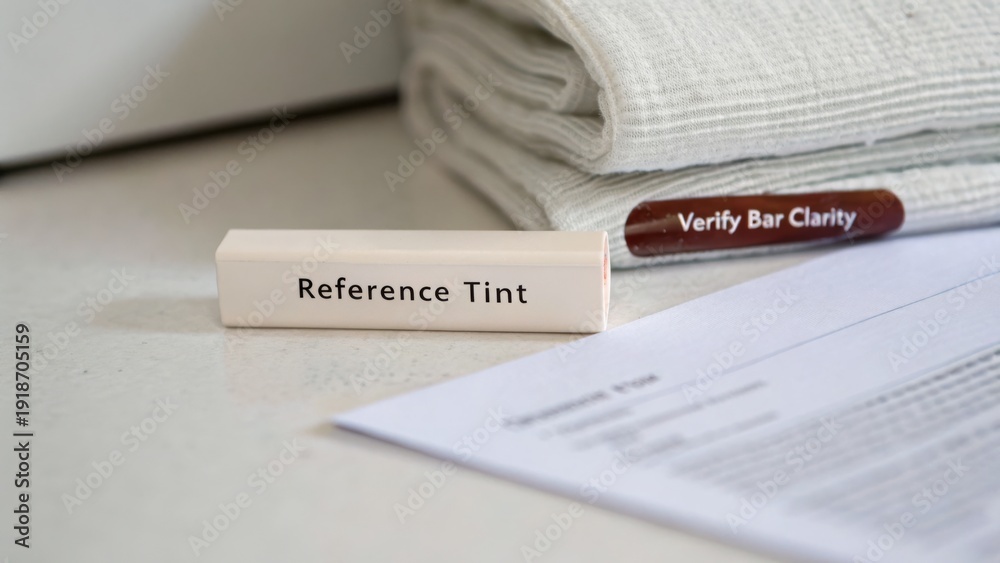 Obraz premium Reference Tint Color Sample with Verification Bar Clarity on White Surface and Soft Textiles for Professional Use