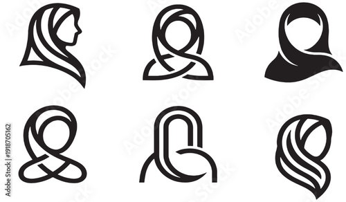 Collection of six minimalist vector logos representing women wearing hijabs in various styles and poses.