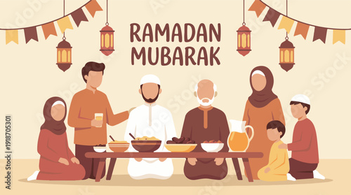Muslim family gathering for Iftar celebration during Ramadan Mubarak