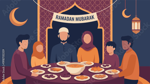 Muslim family breaking fast together during Ramadan celebration with food