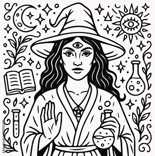 Mystical black and white line art illustration featuring a powerful female witch surrounded by magical symbols and occult elements