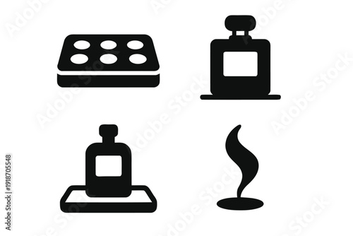 Abstract shapes and perfume bottle icons vector set
