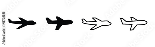 Airplane icons in different styles solid black and outline for travel and aviation themes