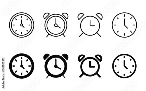 Alarm clock and round clock icons outline and solid fill