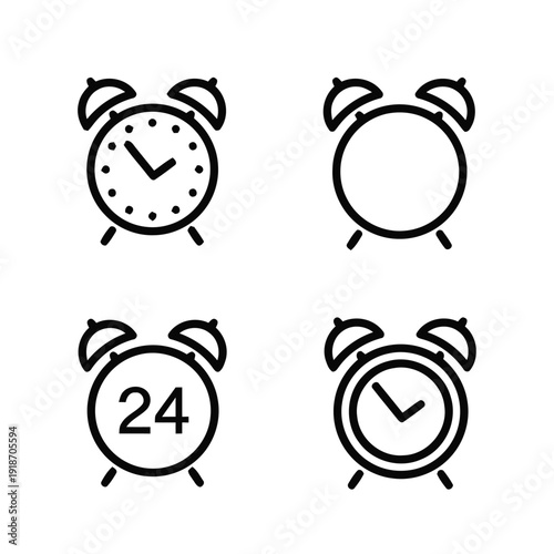 Alarm clock icons set showing different times and styles for time management and reminder concepts
