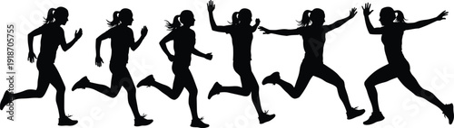 Running woman silhouettes sequence, female athlete motion poses, fitness training and active lifestyle concept, black vector illustration isolated on white background
