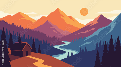 Minimalist mountain landscape with a cozy cabin, winding river, and forest at sunset