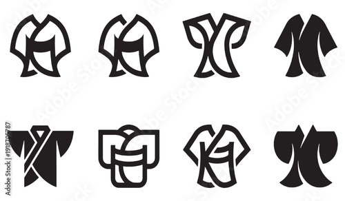 Collection of stylized Japanese kimono icons in black and white, representing traditional clothing and cultural symbols.