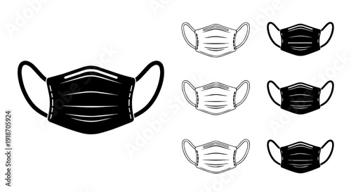 Medical Face Mask Icons Vector Set Black and White Protective Mask Collection
