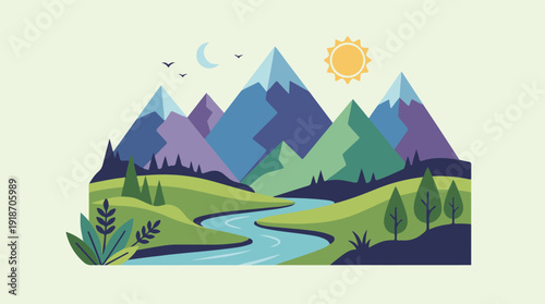 Flat design illustration of a vibrant mountain landscape with river, sun, and moon
