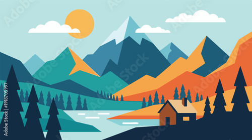 Minimalist Flat Design Landscape with Mountains, Lake, Forest, and Cabin