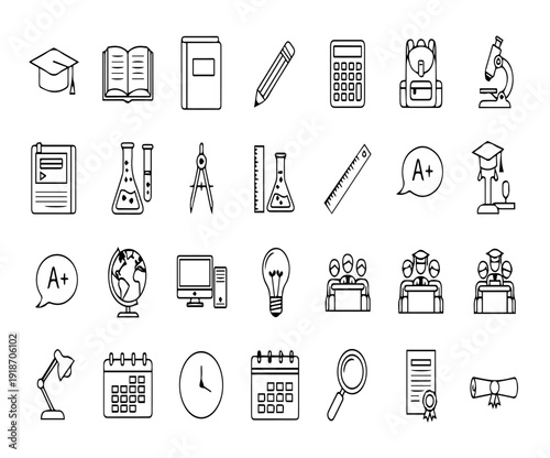 Education and learning outline icon collection. Includes graduation cap, open book, calculator, backpack, microscope, test tubes, compass, ruler, globe, computer, lightbulb