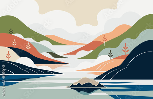 Foggy Valley Landscape with Layered Silhouettes