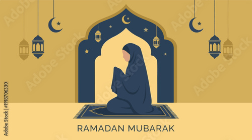 Ramadan Mubarak greeting with a Muslim woman praying in mosque arch design