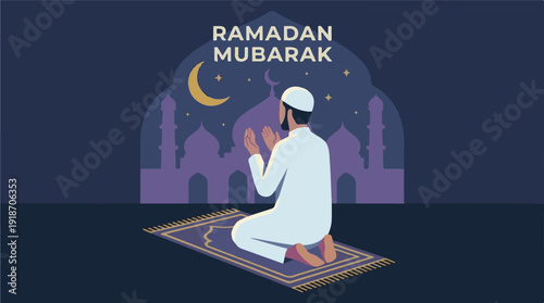 Ramadan Mubarak greeting: Muslim man praying under a mosque, moon, stars