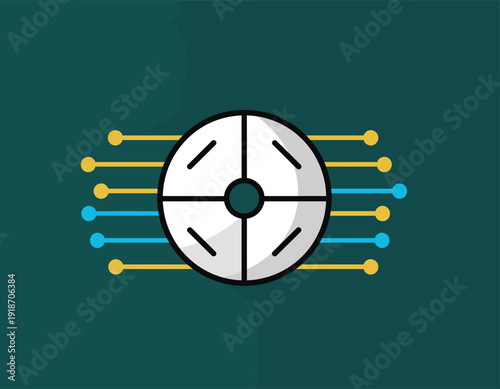 Digital data processing concept with a central circular core and connections.