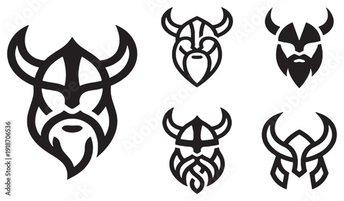 Collection of stylized Viking helmet icons with beards and horns, presented in a minimalist black and white graphic style.