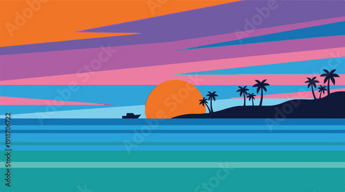 Vibrant Tropical Sunset with Geometric Ocean and Palm Tree Silhouettes