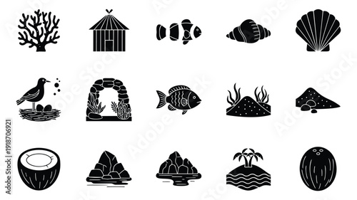 Modern silhouette tropical nature icon set featuring beach, sea life, and island elements for summer travel and vacation concepts
