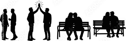 Silhouette of diverse people interacting, friends high fiving, couple sitting on park bench, social gathering, human connection and friendship vector.