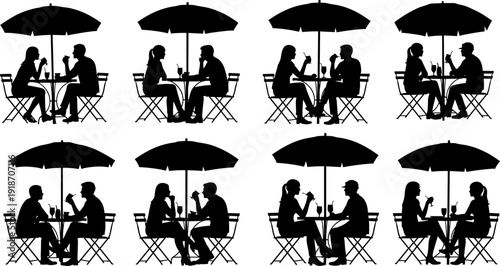Silhouette of a young couple sitting at a cafe table under an umbrella, drinking coffee and talking, vector illustration.