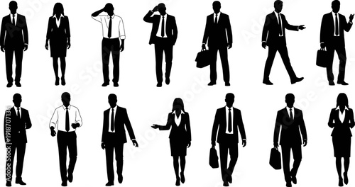 Professional business people silhouettes set, corporate men and women walking, standing, and talking, office employee characters, executive staff vector illustration.