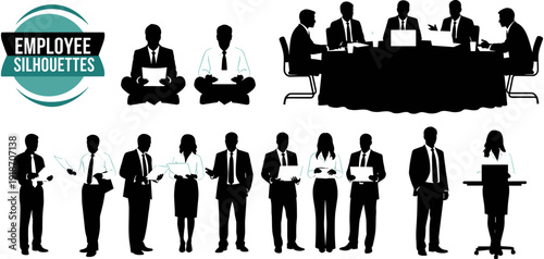 Office employee silhouettes set, business people working in meeting, standing professionals, corporate team, executive staff characters, and office work vectors.