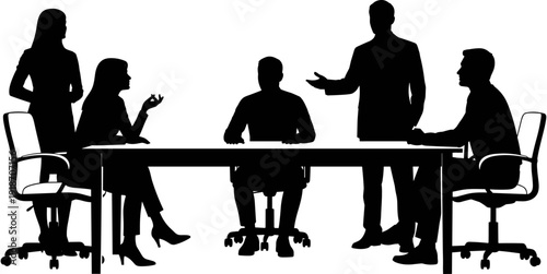 Black silhouette of people sitting around campfire with leader raising arms, storytelling and community bond in outdoor night nature setting.