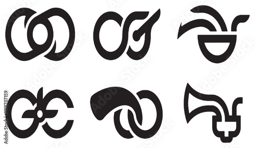 A collection of six abstract black graphic symbols and icons representing various concepts and ideas.