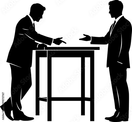 Black silhouette of people sitting around campfire with leader raising arms, storytelling and community bond in outdoor night nature setting.