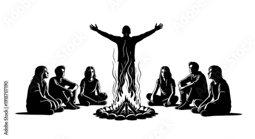 Black silhouette of people sitting around campfire with leader raising arms, storytelling and community bond in outdoor night nature setting.