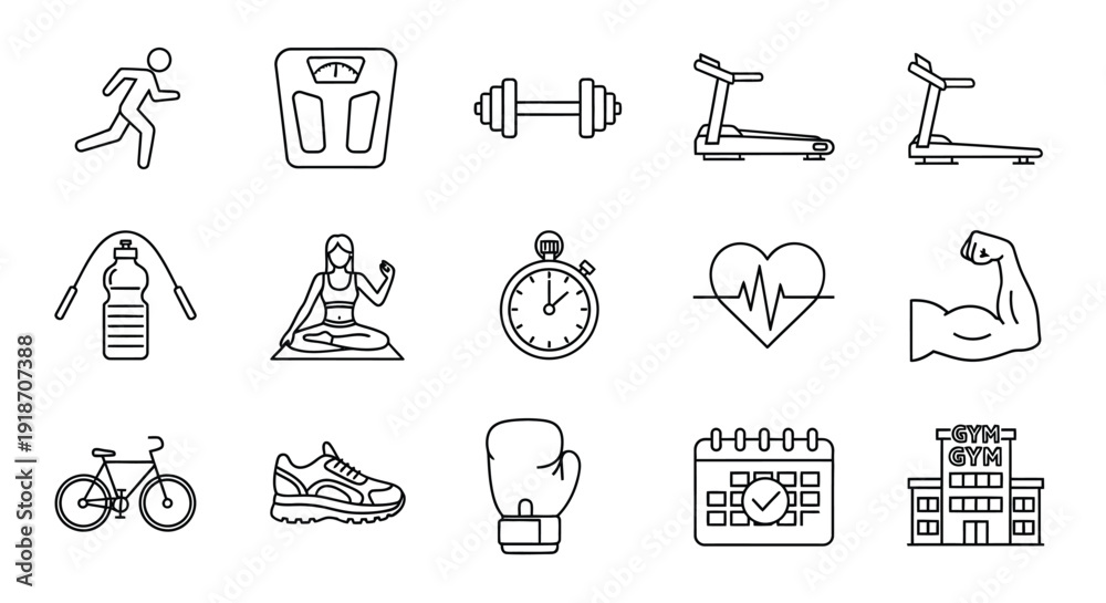 Fototapeta premium Fitness icons depicting exercise and health line art silhouette