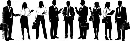 Professional business people silhouettes set featuring diverse corporate men and women in suits carrying briefcases for office teamwork and leadership concepts.