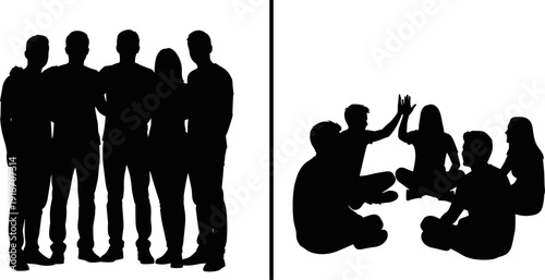 Silhouettes of young friends standing together and sitting in a circle high-fiving, representing teamwork, unity, friendship, and community support concepts.